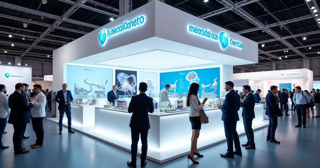 Expositor de odontologia apresentando produtos em evento 