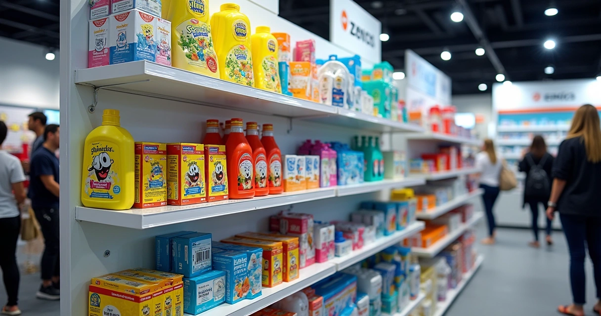 Produtos farmacêuticos licenciados de personagens como Bob Esponja e Mickey em prateleira de evento 