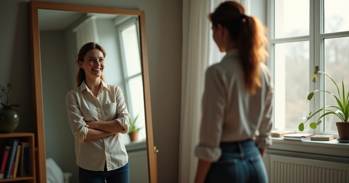 Persona reflejada en un espejo, mostrando diferentes expresiones y posturas. 