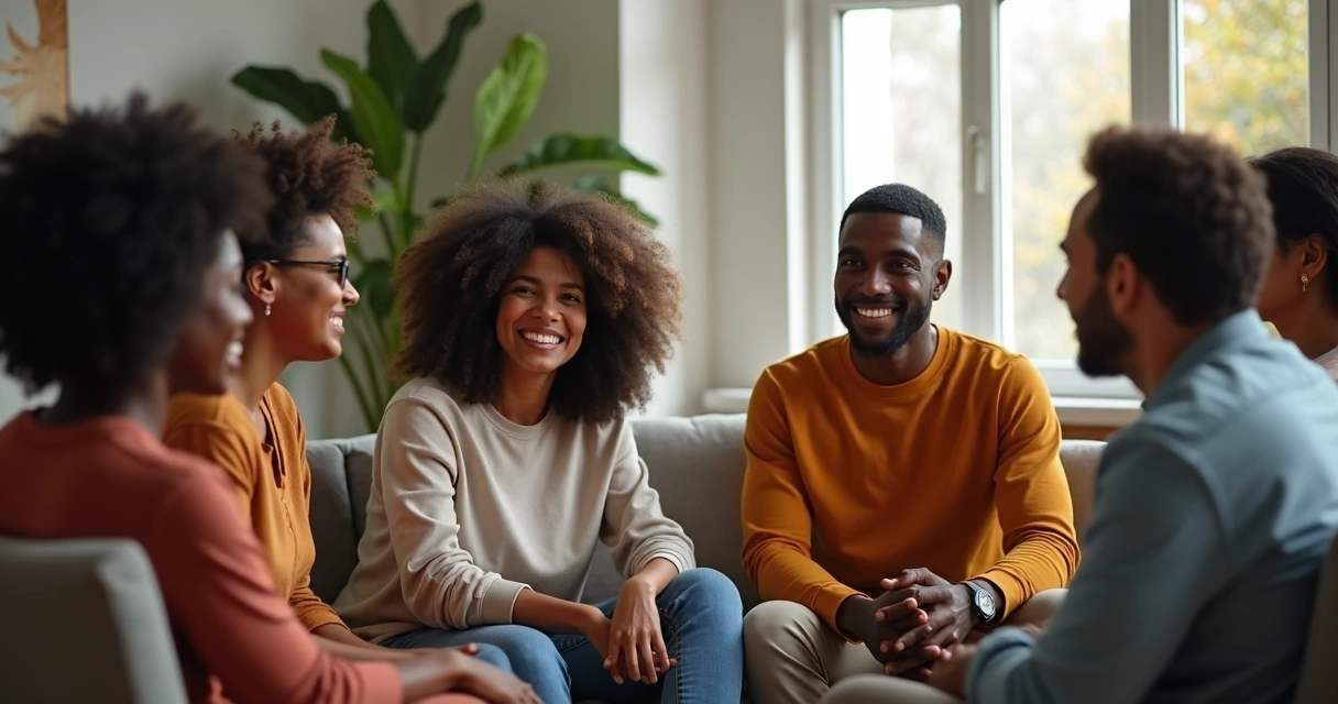 Grupo de personas compartiendo emociones sentados en círculo 