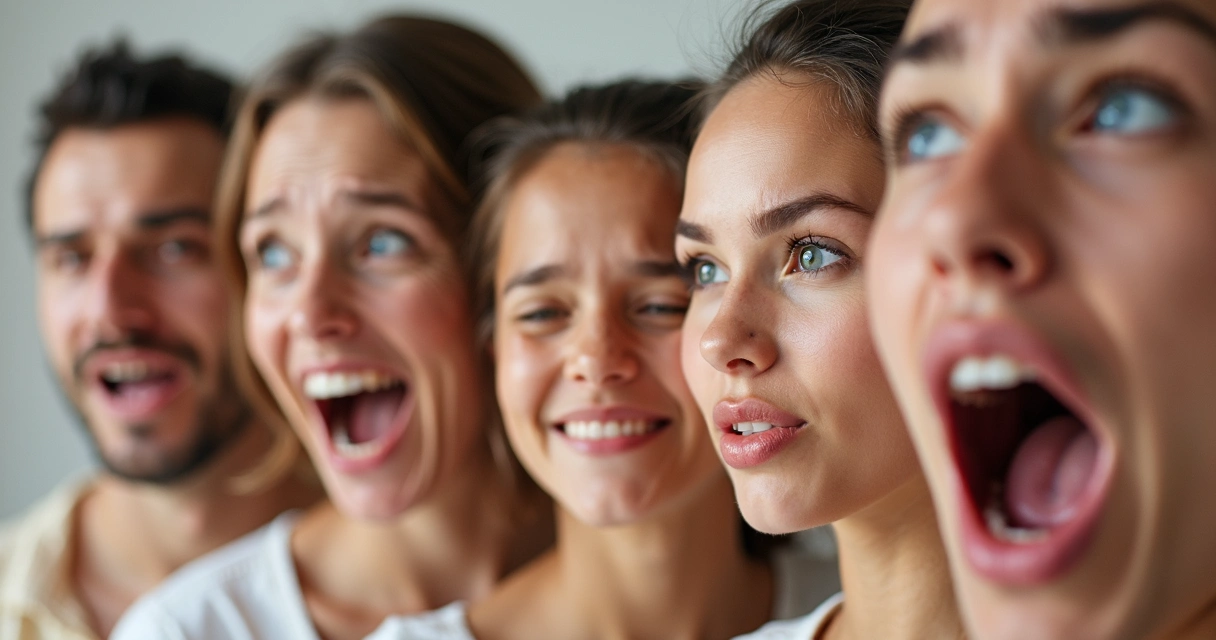 Rostros mostrando varias emociones, fondo neutro, luz suave 