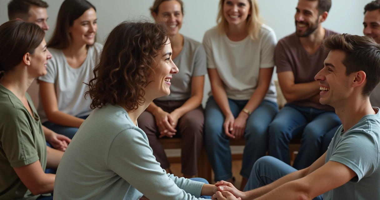 Varios adultos mostrando expresiones emocionales variadas en círculo