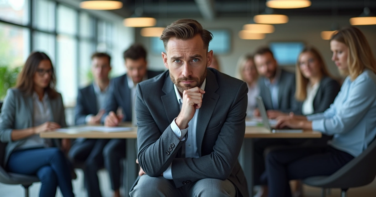 Persona en una reunión corporativa con postura tensa y microexpresión preocupada, rodeada de colegas relajados