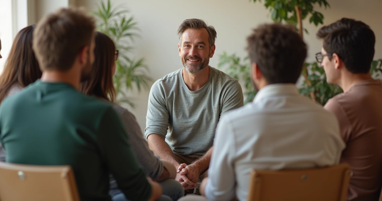 Persona en postura relajada y abierta, con expresión facial serena y contacto visual directo
