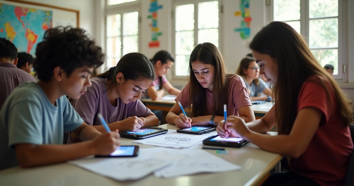 Alunos criando arte com celulares na escola