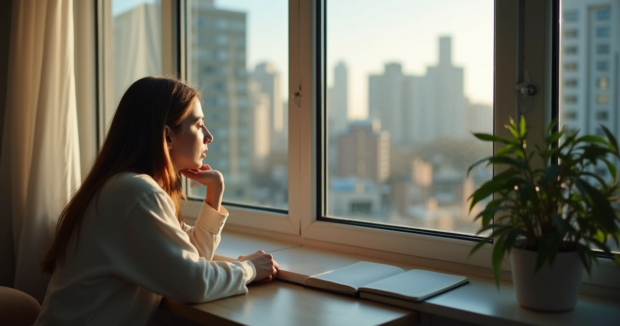 Pessoa olhando pensativa pela janela, com expressão reflexiva e ambiente iluminado pela manhã 