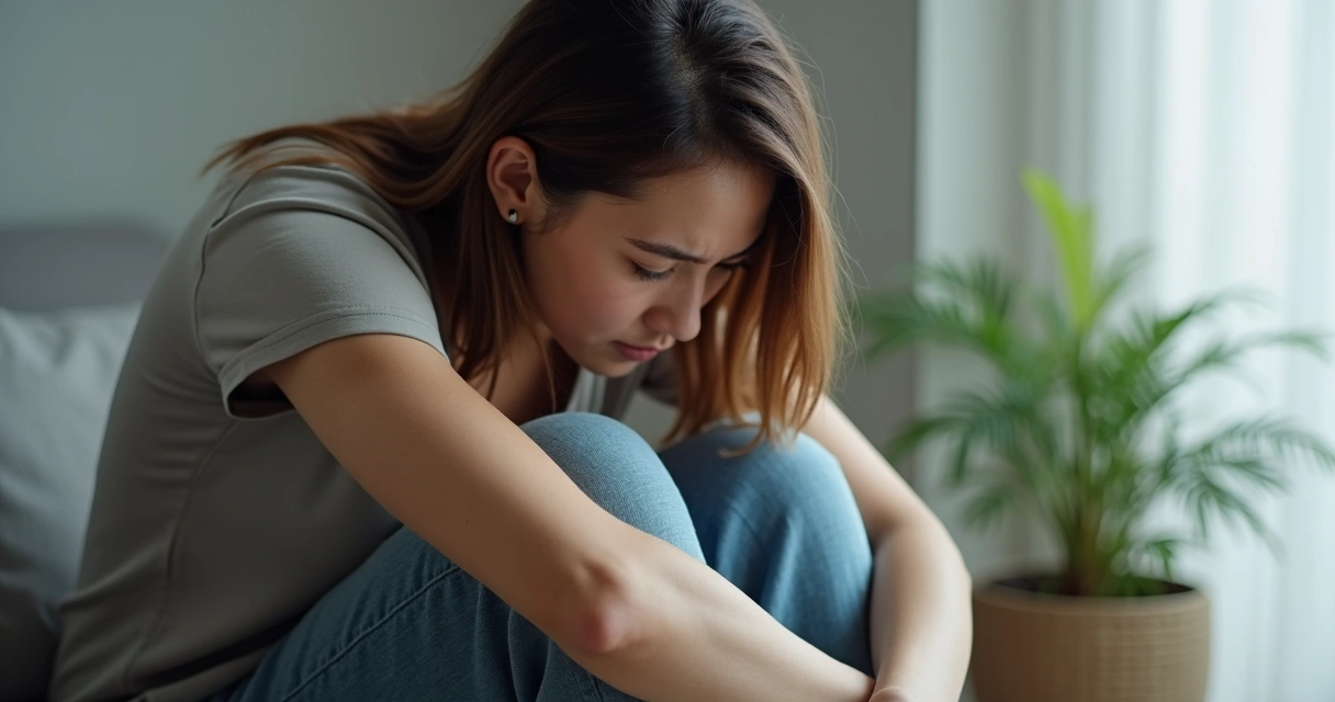 Pessoa sentada com postura fechada e expressão de tristeza 