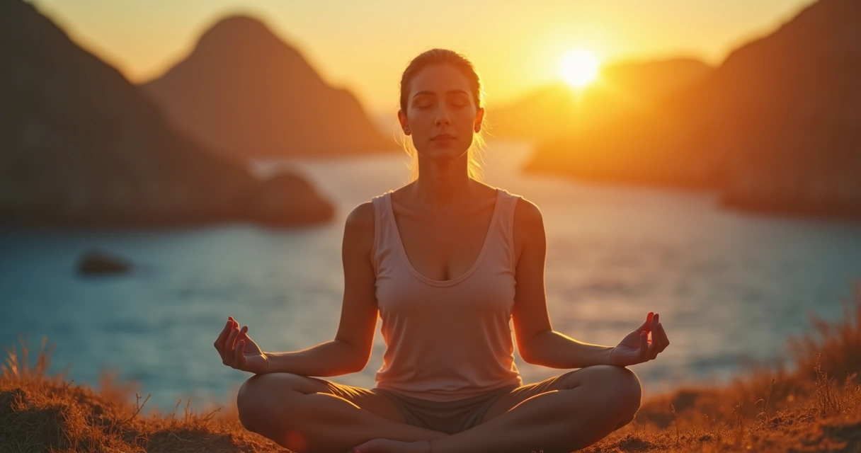 Pessoa em meditação sentada, luz suave iluminando o rosto e expressão serena, mãos sobre o peito 