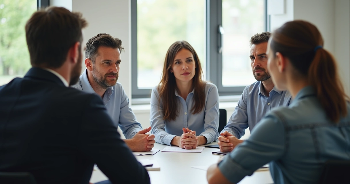 Cinco pessoas sentadas em uma mesa de reunião, cada uma com uma expressão facial diferente. 