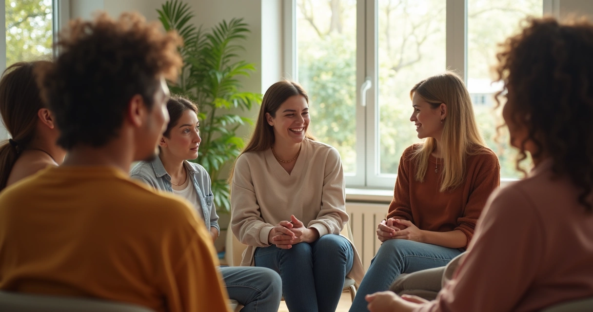 Grupo de pessoas sentadas em círculo, conversando e apoiando emocionalmente 