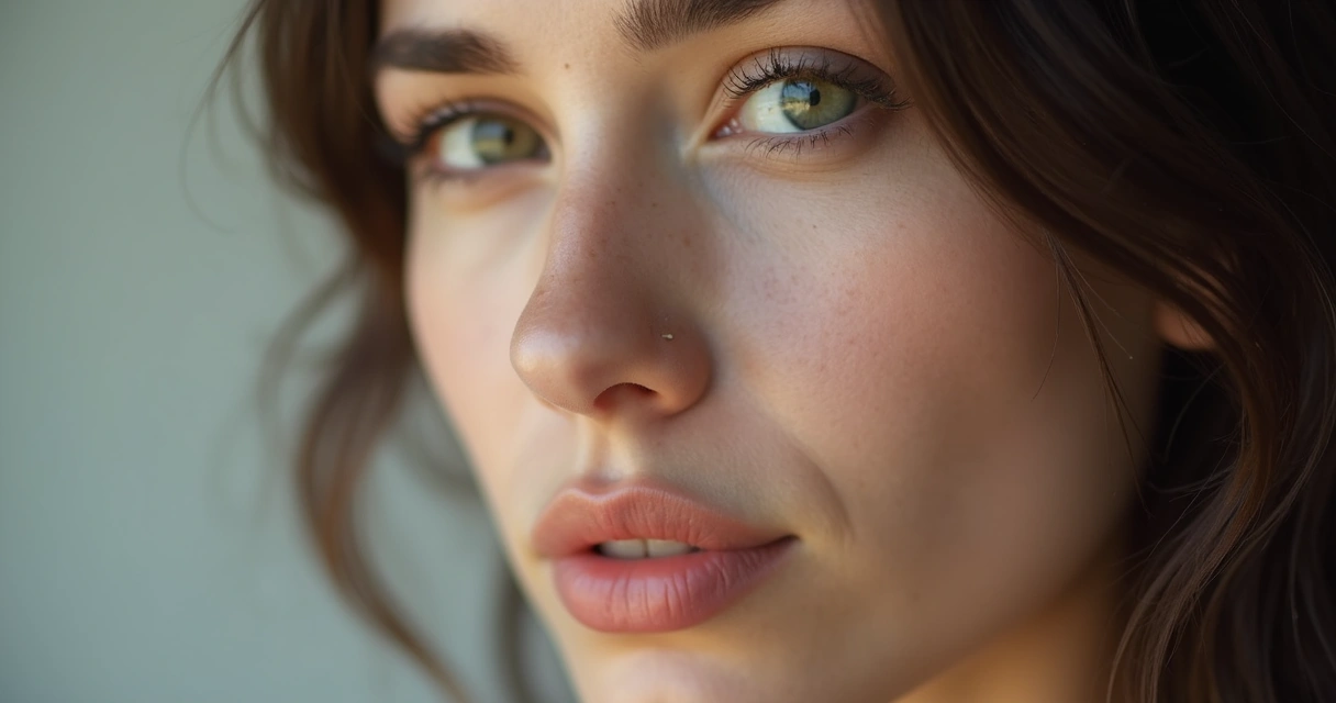 Rosto feminino com expressão suave e olhar distante 