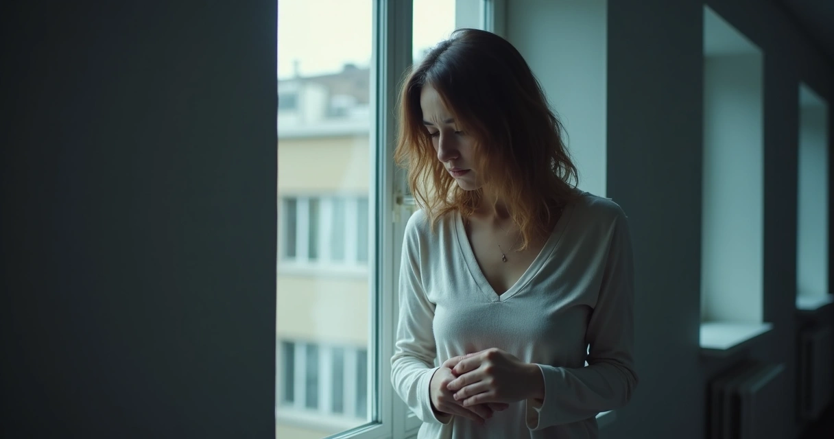 Mulher olhando para baixo com expressão triste e ombros curvados 