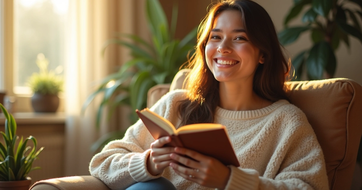 Pessoa sorrindo, expressando alívio e bem-estar emocional 