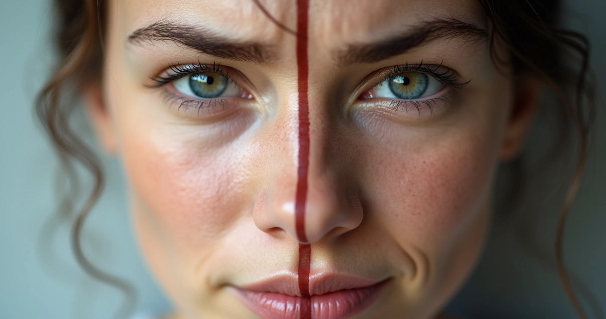 Expressão facial detalhada de um rosto humano dividido, mostrando metade expressão serena e metade expressão tensa