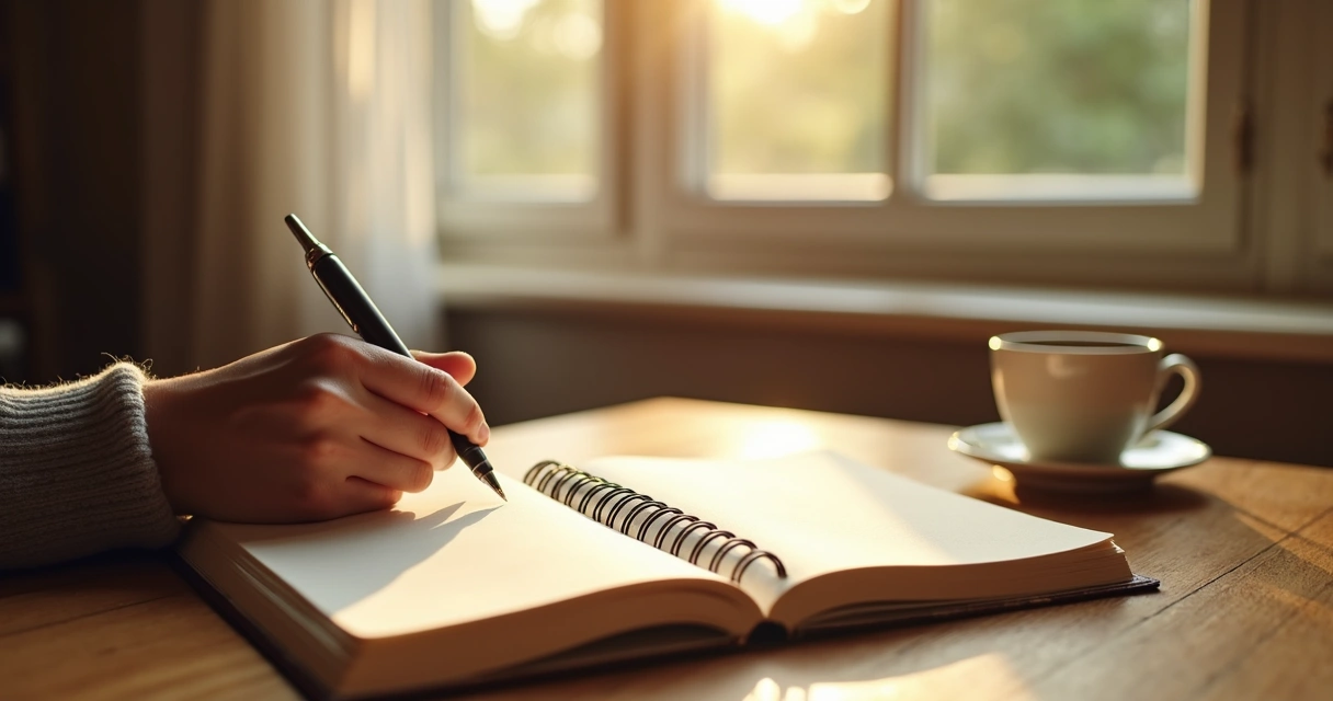Pessoa escrevendo em diário próximo a janela ensolarada. 