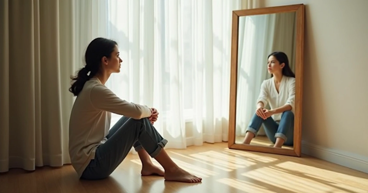 Pessoa em ambiente tranquilo sentada se observando diante de um espelho de corpo inteiro.