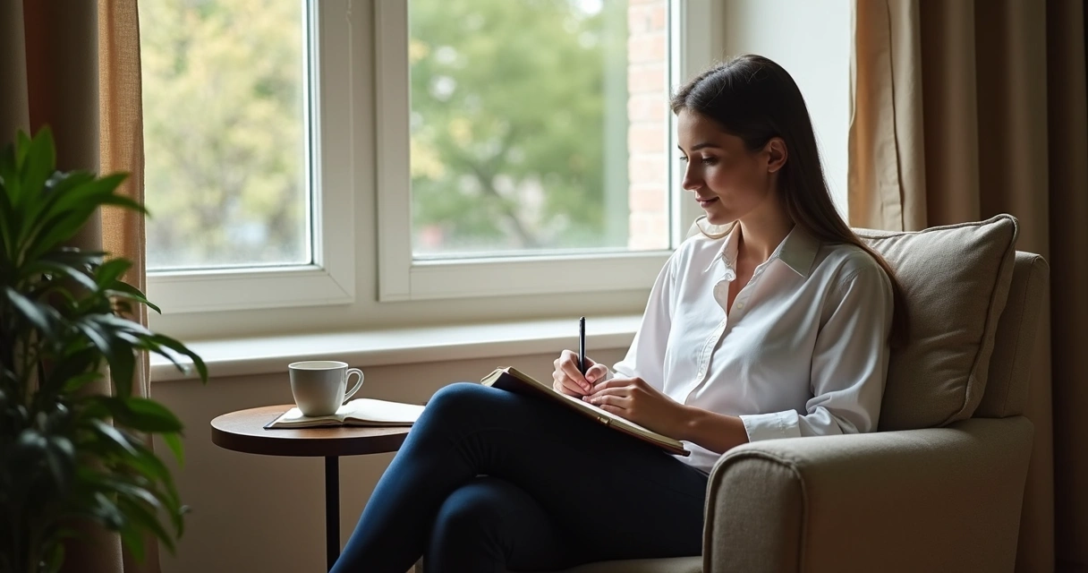 Pessoa escrevendo em diário sentado na poltrona próxima à janela, luz suave entra no ambiente
