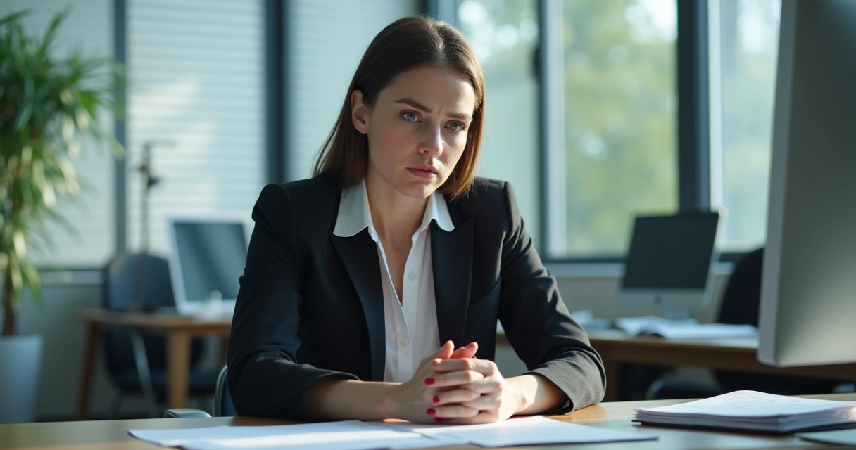 Mulher em escritório, expressão séria, demonstrando dificuldade de expressar emoções.