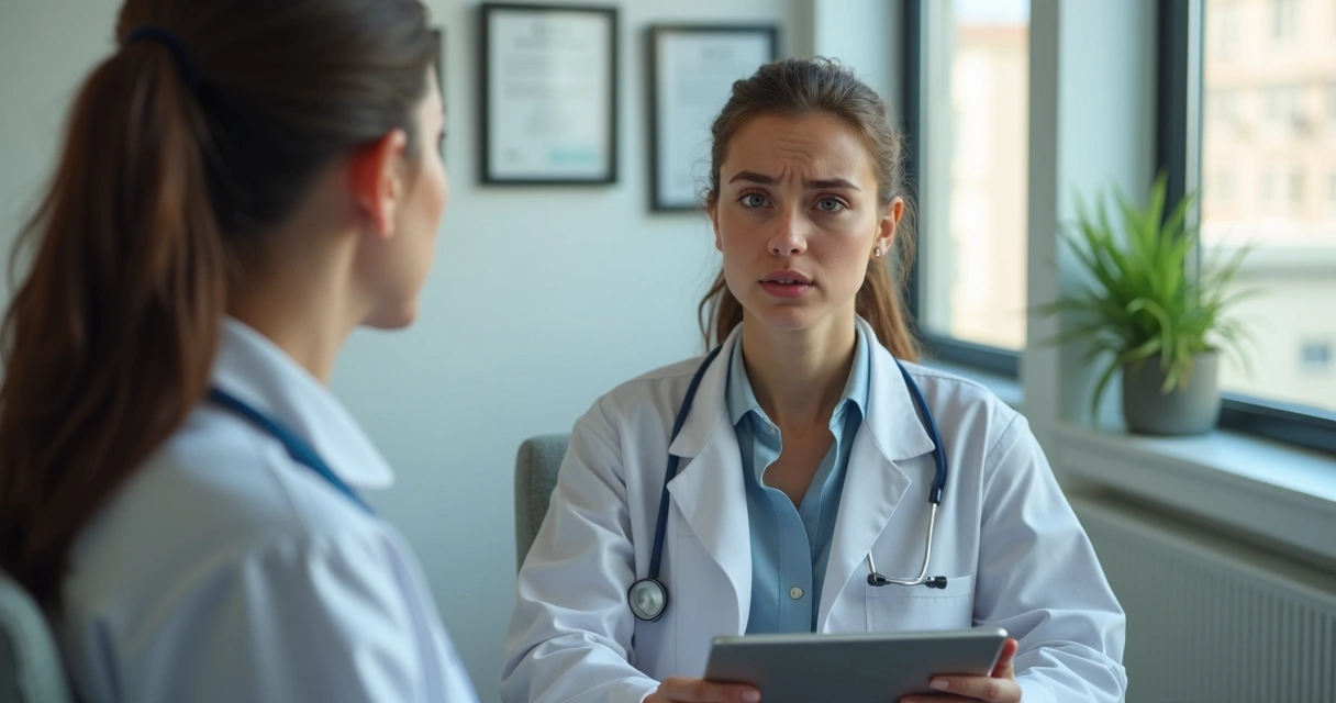 Paciente com expressão dúvida durante consulta médica 