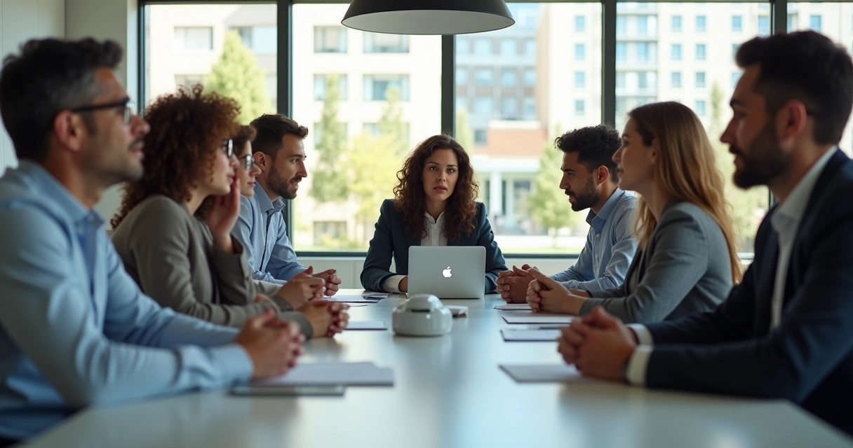 Grupo de pessoas em reunião, algumas com expressões faciais tensas, outras relaxadas