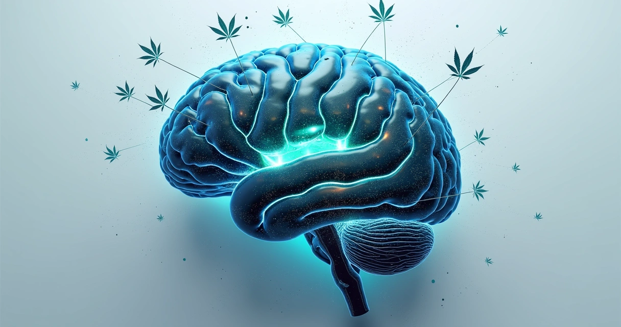 Expressão artística de conexões neurais e símbolos de cannabis entrelaçados