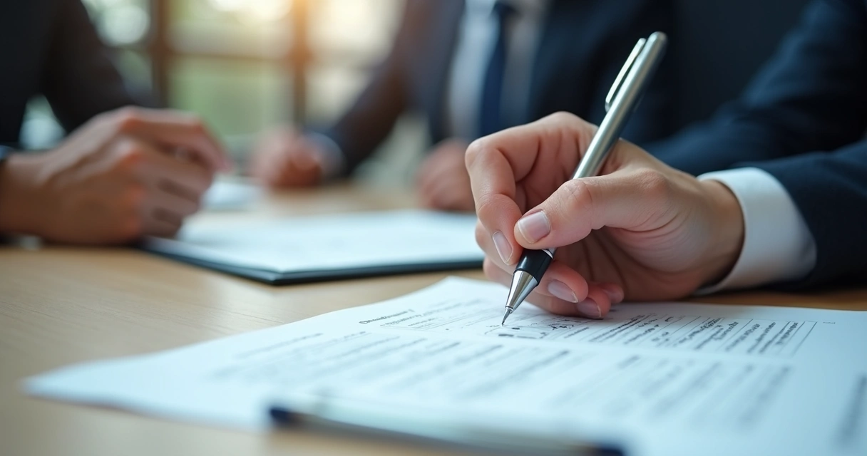Close de mão segurando uma caneta com nervosismo durante uma negociação 