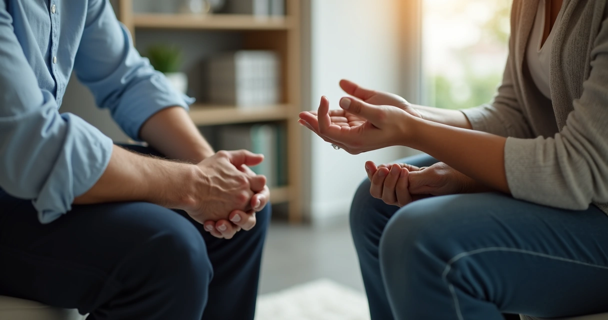 Close de mãos e expressão corporal em sessão clínica