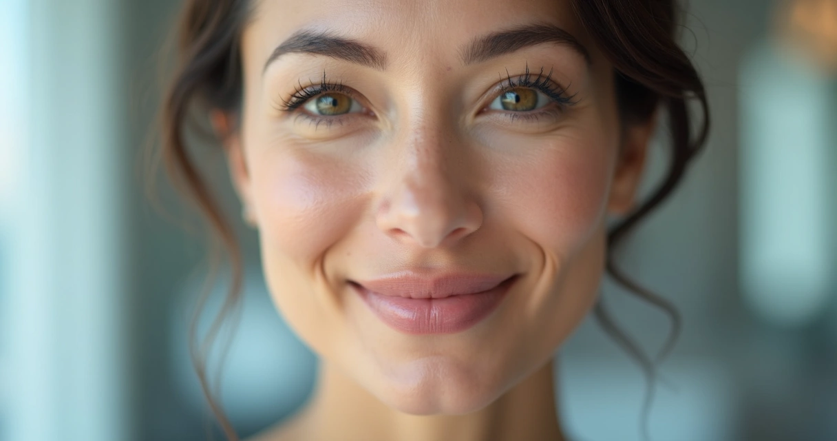 Mulher com expressão leve pós-tratamento facial, consultório sofisticado ao fundo 
