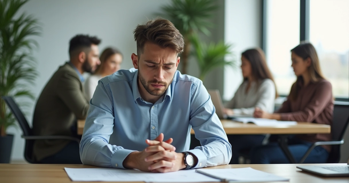 Profissional com expressão preocupada durante reunião de trabalho