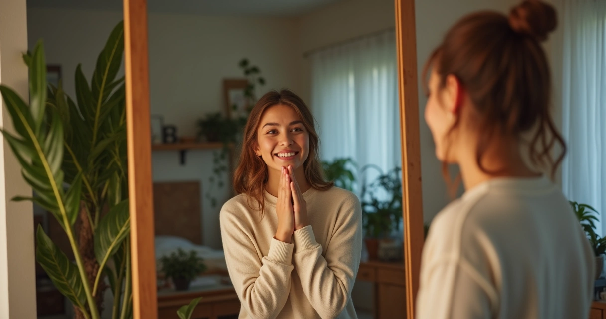 Pessoa praticando expressões faciais e postura em frente ao espelho 