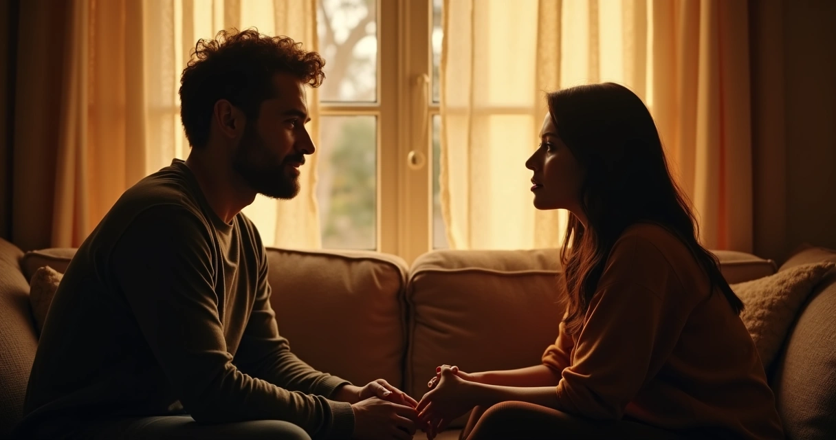 Duas pessoas sentadas de frente conversando em ambiente aconchegante