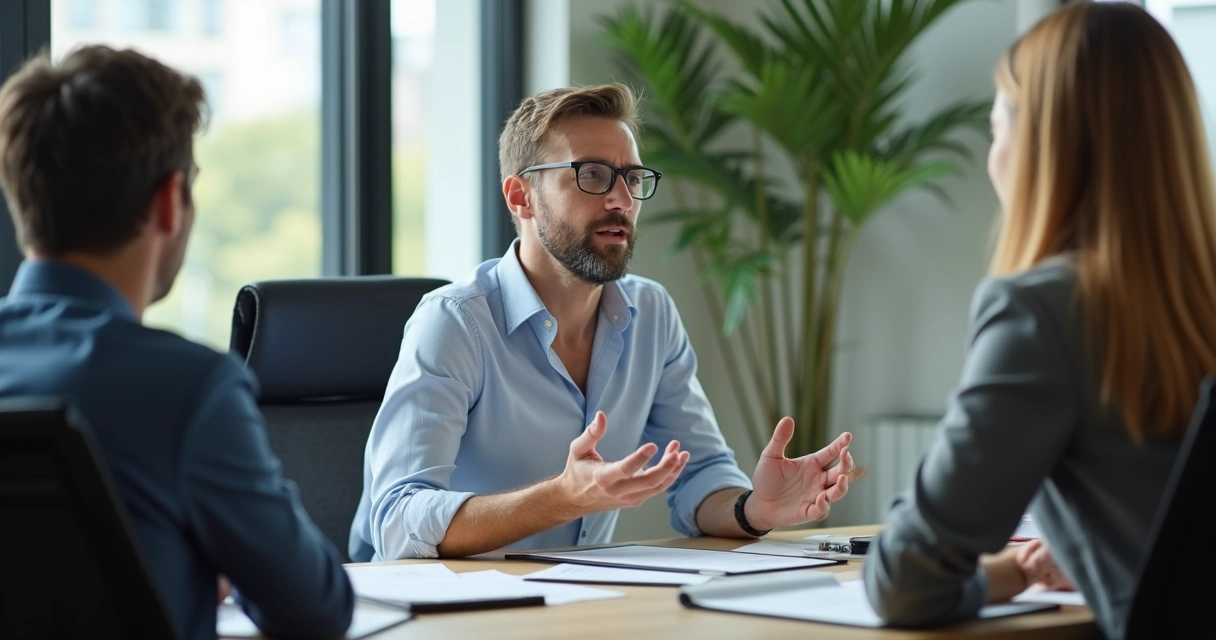 Profissional em escritório compartilhando sentimento durante reunião 