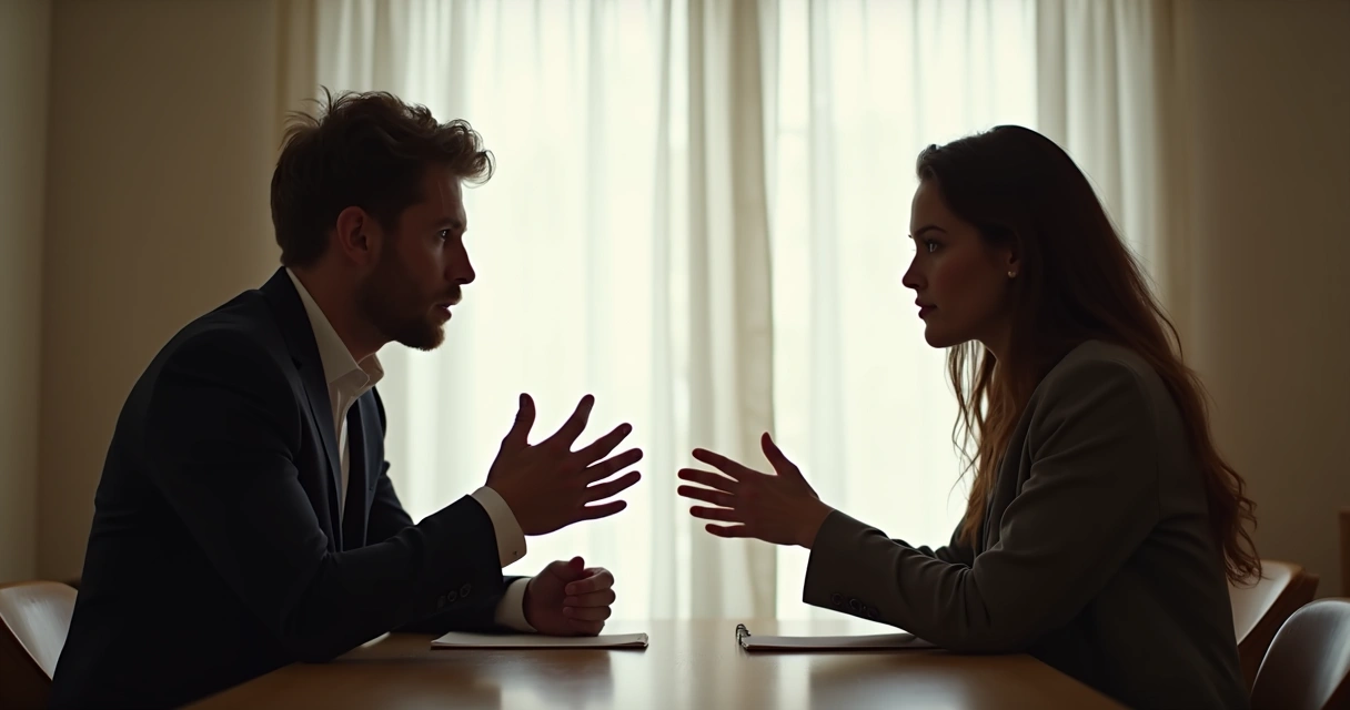 Duas pessoas conversando sentadas frente a frente, mantendo contato visual atento com gestos suaves de expressão. 