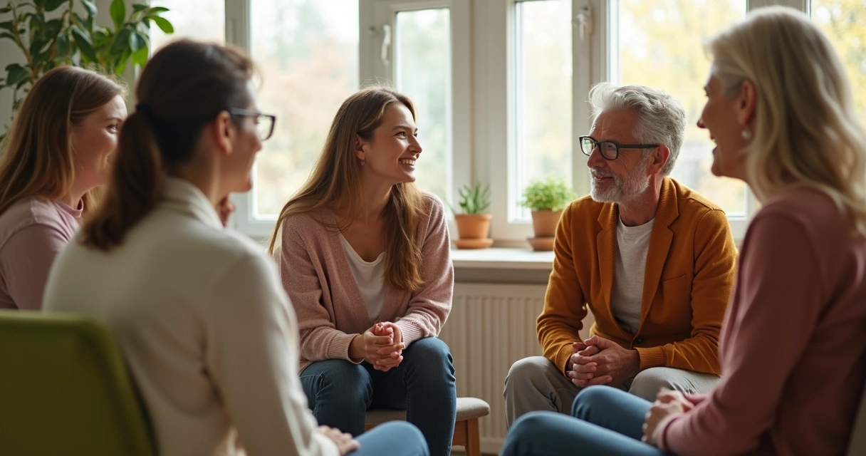 Grupo de pessoas de diferentes idades sentadas em círculo, expressando sentimentos uns para os outros em um ambiente acolhedor e moderno