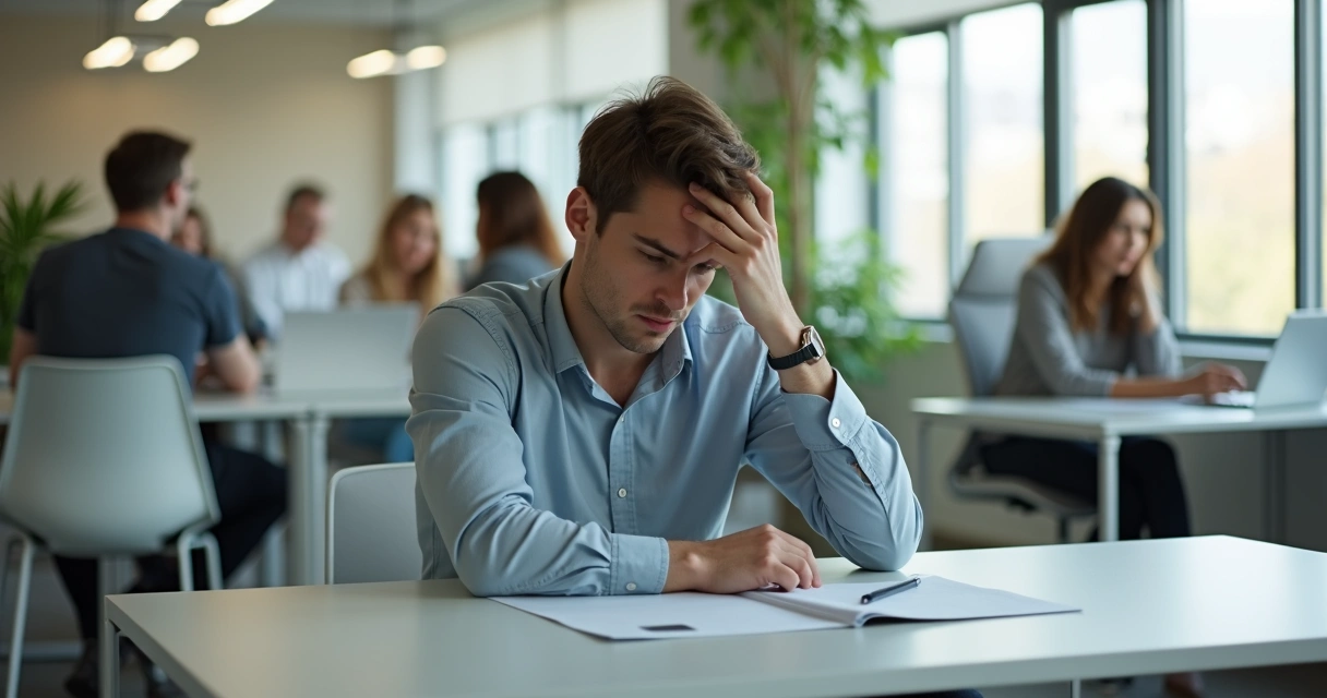 Colega de trabalho com expressão triste, sentado isolado em escritório aberto. 