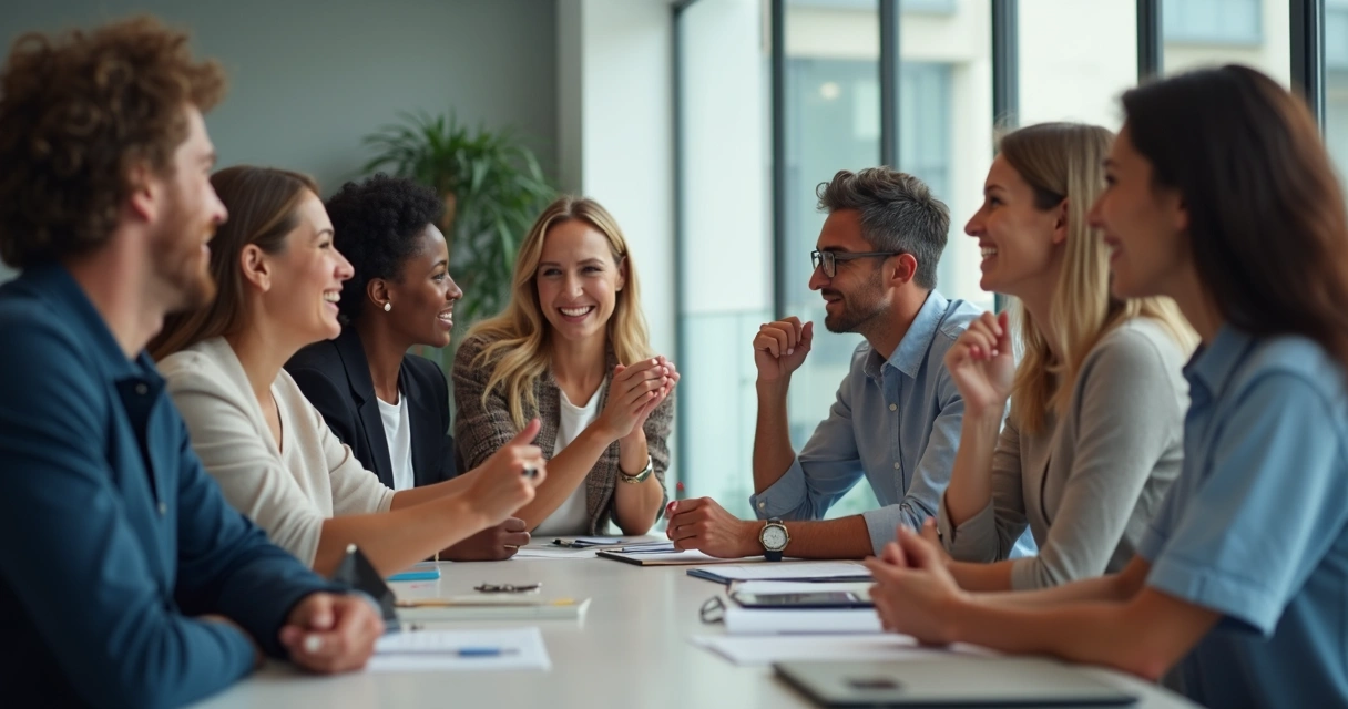 Pessoas trocando expressões faciais de surpresa, empatia e atenção em uma reunião 