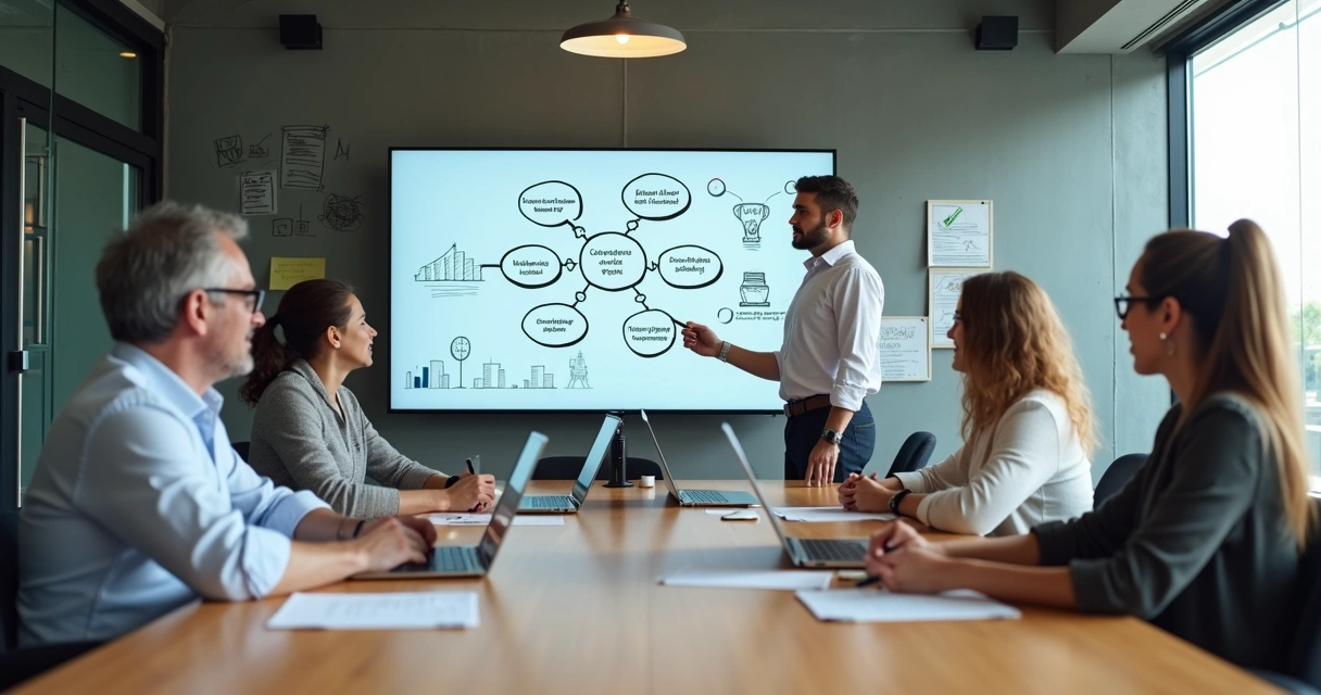 Sala moderna com consultor explicando certificação de extensão universitária para profissionais adultos 