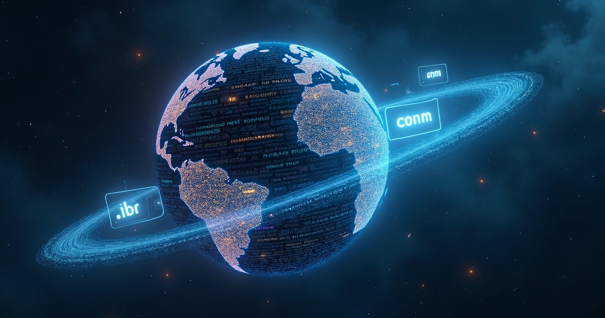 Escolha de extensões de domínio TLD em planeta digital flutuando no espaço 