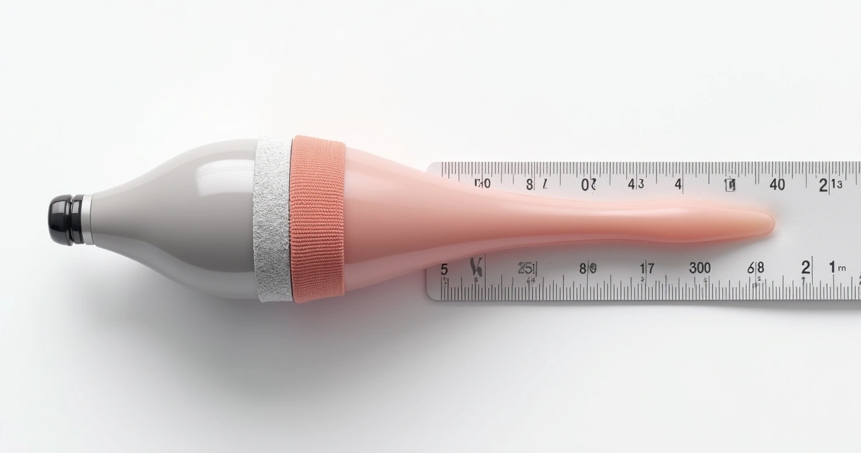 Dispositivo extensor colocado em pênis simulado sobre superfície branca 