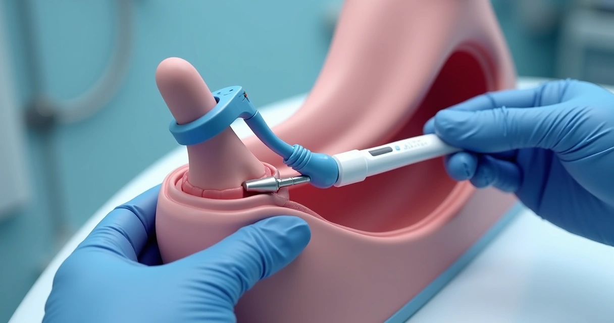 Dispositivo extensor posicionado em pênis ilustrativo com fundo médico 