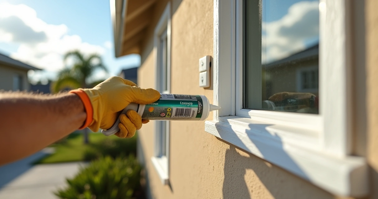Contractor applying exterior caulk around a window on a Florida home 