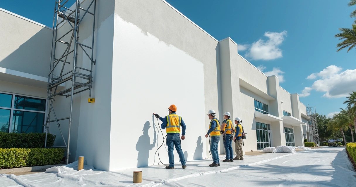 Team spraying high-build coating on commercial building wall 