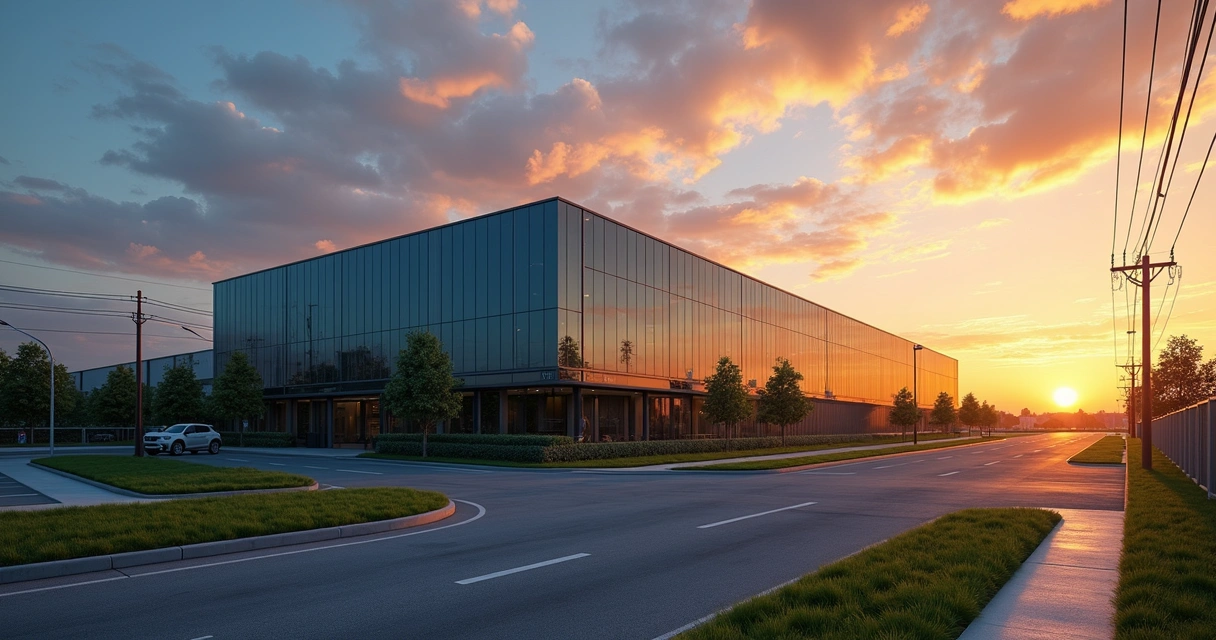 Fachada de data center moderno no Brasil ao entardecer 
