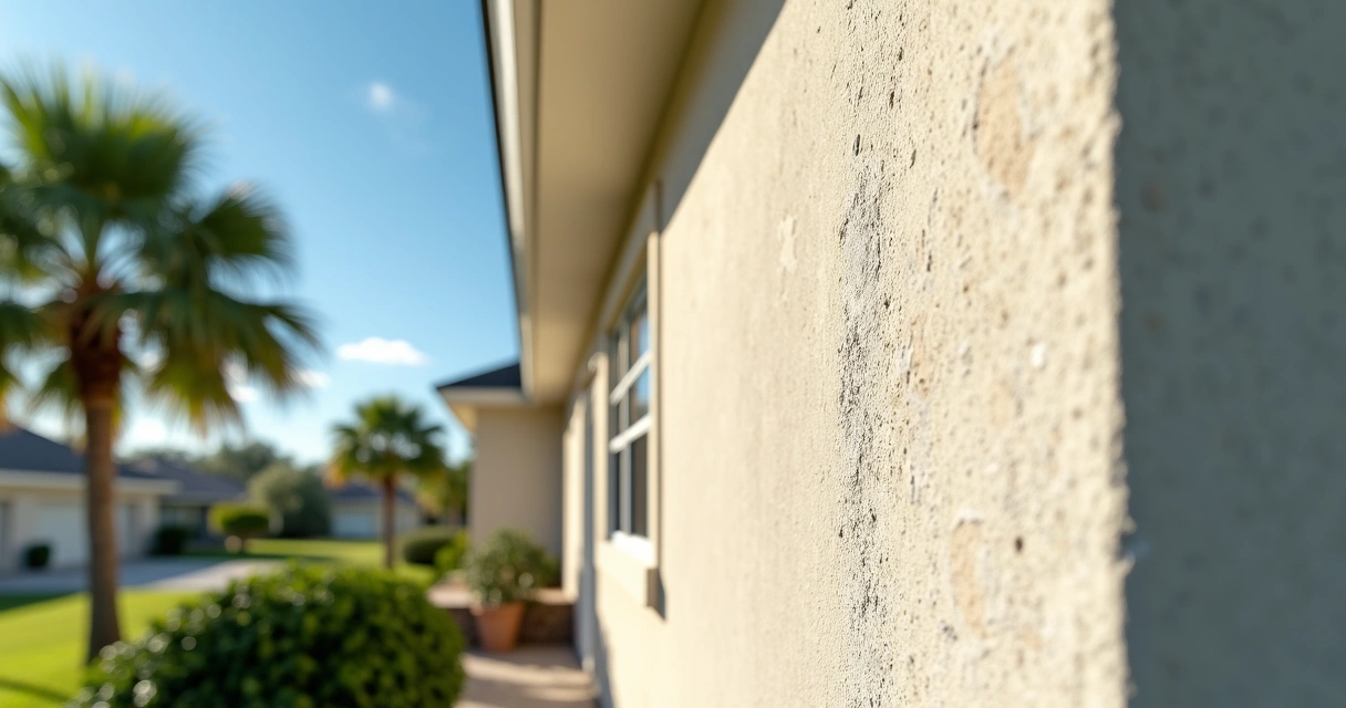 Exterior house wall showing paint discoloration and moisture effects under humid Florida weather 