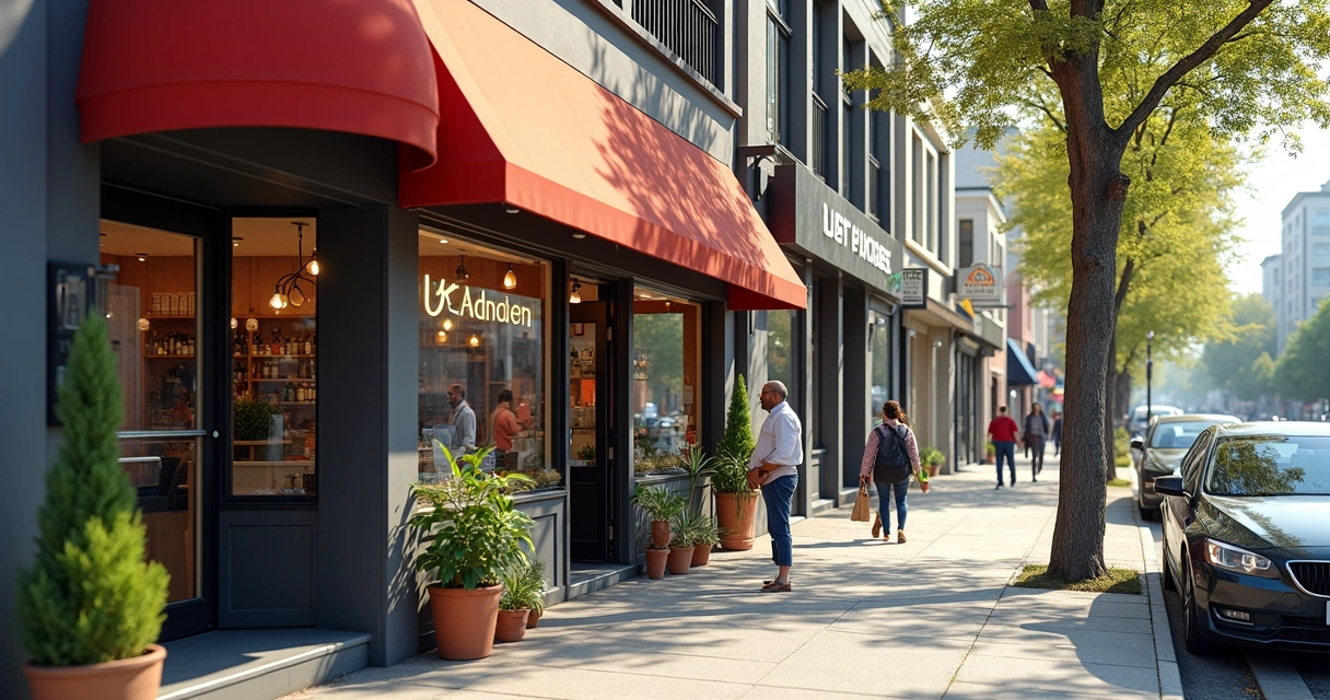 Fachada de loja movimentada com pessoas entrando e saindo 