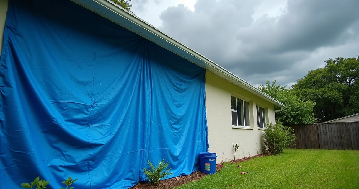 Protective tarp covering an exterior wall ready for paint 