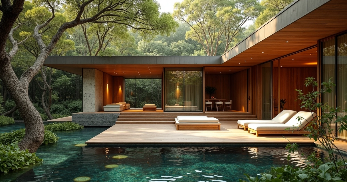 Área externa do spa com arquitetura moderna, árvores e sofás confortáveis 