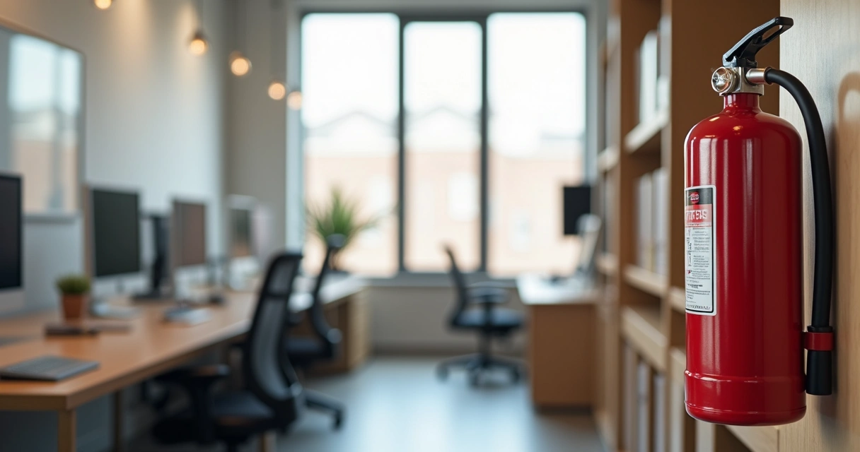 Extintor de água instalado ao lado de estação de trabalho