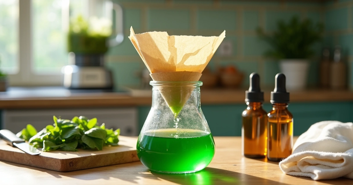Extrato verde de moringa sendo filtrado de forma artesanal em bancada de cozinha 