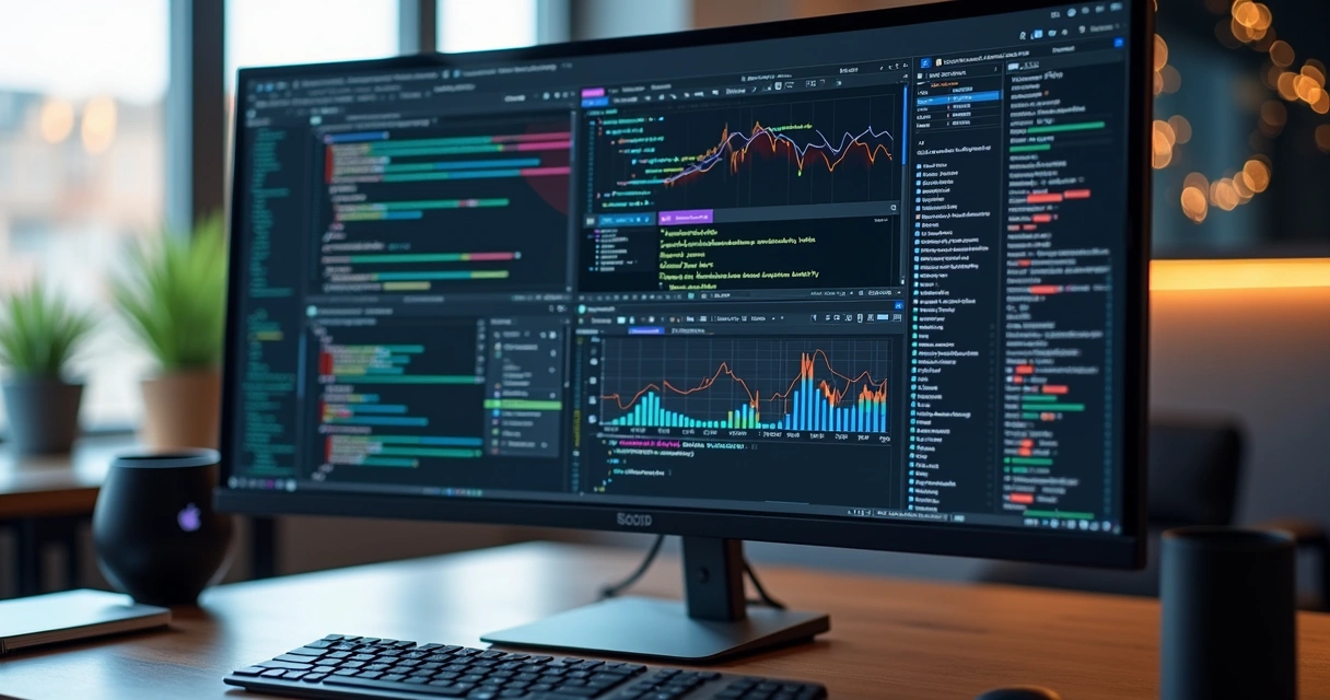 Representação de extração automatizada de dados da web com códigos e gráficos em tela de computador 